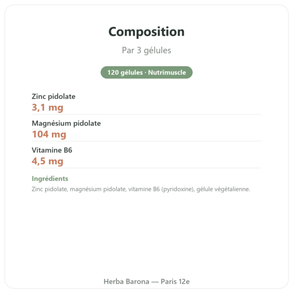 ZMB Pidolate – Nutrimuscle 120 gélules composition valeurs nutritionnelles Paris Herba Barona