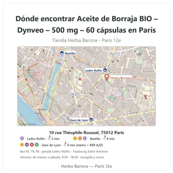 Dónde encontrar Aceite de Borraja BIO – Dynveo – 500 mg – 60 cápsulas en París - plano de la tienda Herba Barona Paris 12e