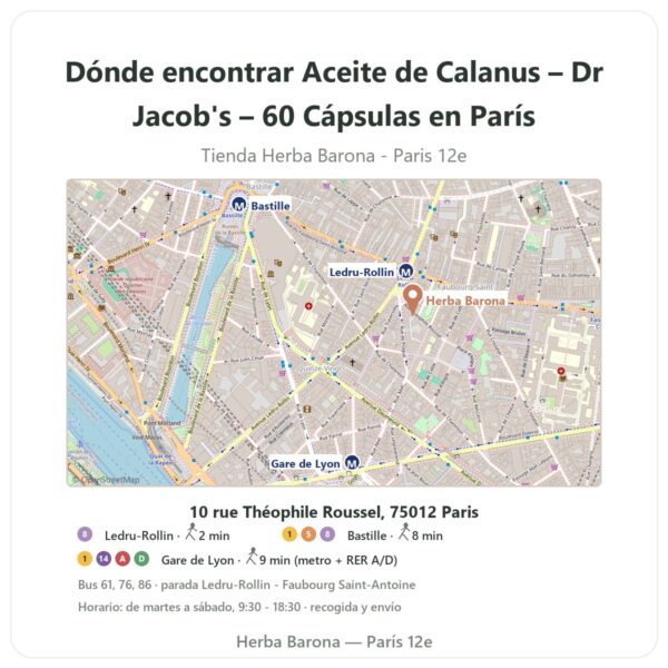 Dónde encontrar Aceite de Calanus – Dr Jacob's – 60 Cápsulas en París - plano de la tienda Herba Barona Paris 12e