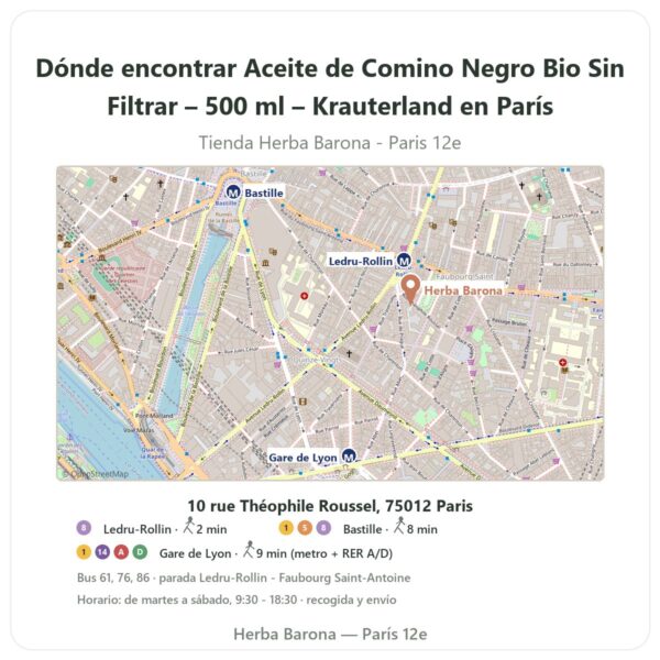 Dónde encontrar Aceite de Comino Negro Bio Sin Filtrar – 500 ml – Krauterland en París - plano de la tienda Herba Barona Paris 12e