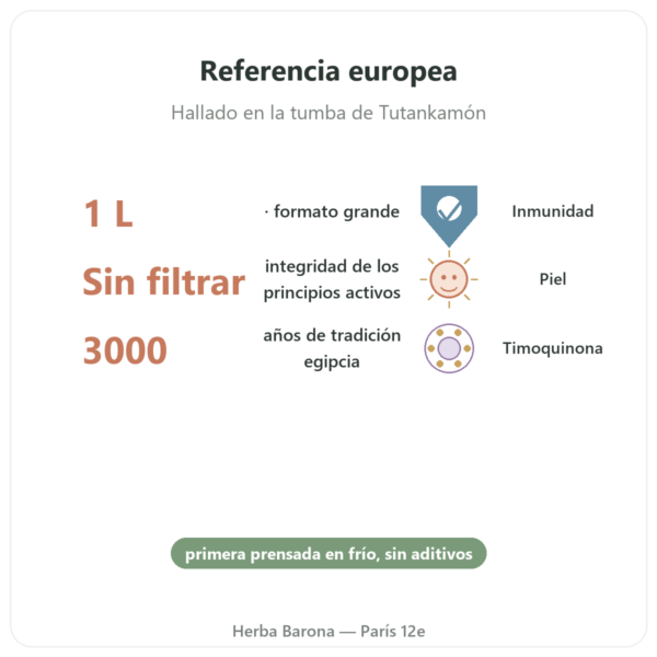 Aceite de Comino Negro Sin Filtrar 1L – Krauterland beneficios y datos clave Paris Herba Barona
