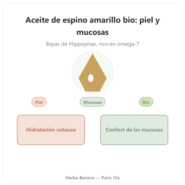 Aceite Vegetal de Espino Amarillo Bio – Frasco 100 ml – Hidratación Piel y Mucosas Omega 7 – Biokhaan presentación Paris Herba Barona
