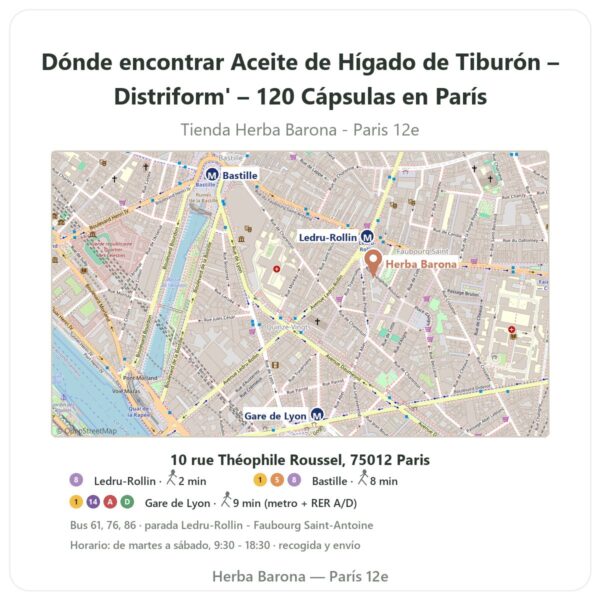 Dónde encontrar Aceite de Hígado de Tiburón – Distriform' – 120 Cápsulas en París - plano de la tienda Herba Barona Paris 12e