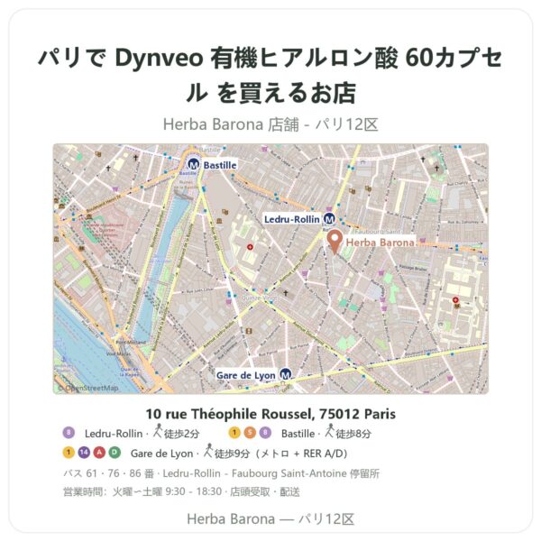 Where to find Dynveo 有機ヒアルロン酸 60カプセル in Paris - store map Herba Barona Paris 12e