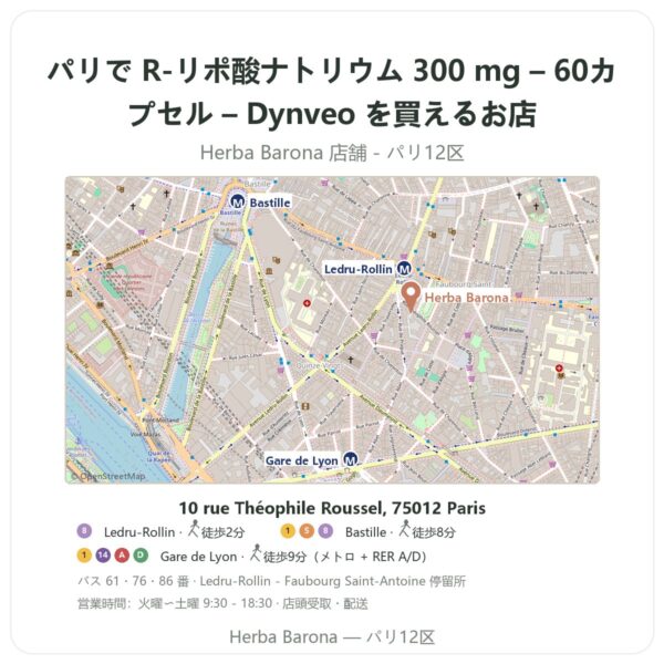 Where to find R-リポ酸ナトリウム 300 mg – 60カプセル – Dynveo in Paris - store map Herba Barona Paris 12e