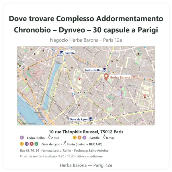 Dove trovare Complesso Addormentamento Chronobio – Dynveo – 30 capsule a Parigi - mappa del negozio Herba Barona Paris 12e