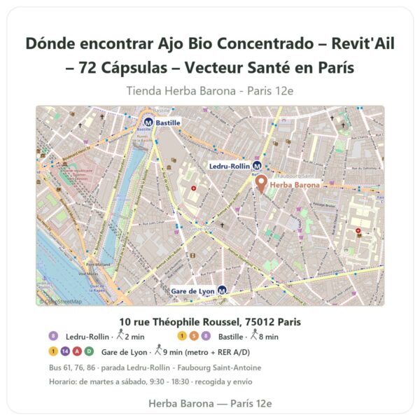 Dónde encontrar Ajo Bio Concentrado – Revit'Ail – 72 Cápsulas – Vecteur Santé en París - plano de la tienda Herba Barona Paris 12e
