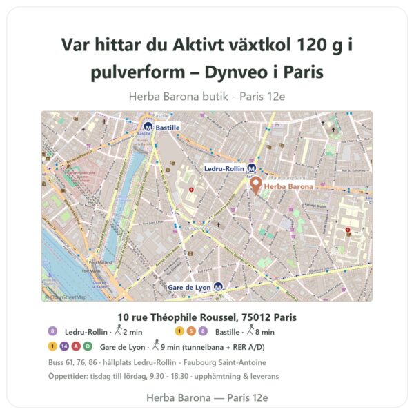 Var hittar du Aktivt växtkol 120 g i pulverform – Dynveo i Paris - butikskarta Herba Barona Paris 12e