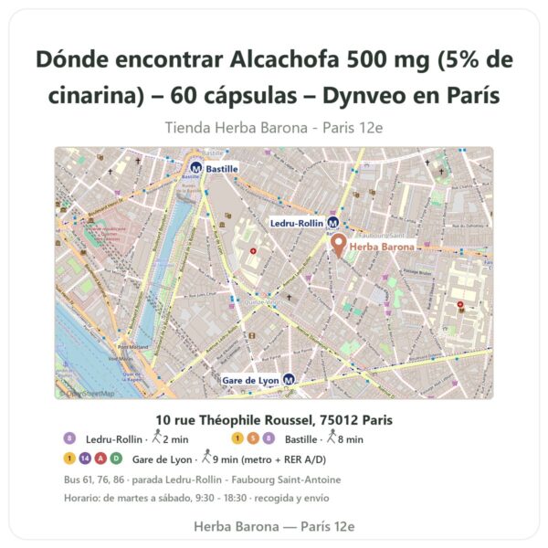 Dónde encontrar Alcachofa 500 mg (5% de cinarina) – 60 cápsulas – Dynveo en París - plano de la tienda Herba Barona Paris 12e