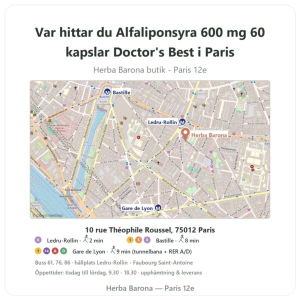 Var hittar du Alfaliponsyra 600 mg 60 kapslar Doctor's Best i Paris - butikskarta Herba Barona Paris 12e