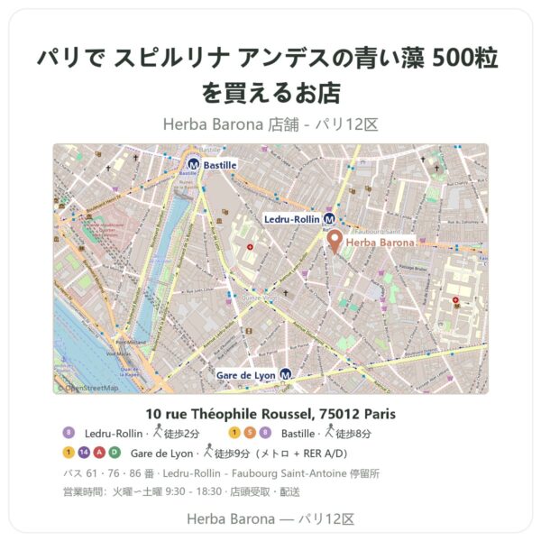 Where to find スピルリナ アンデスの青い藻 500粒 in Paris - store map Herba Barona Paris 12e