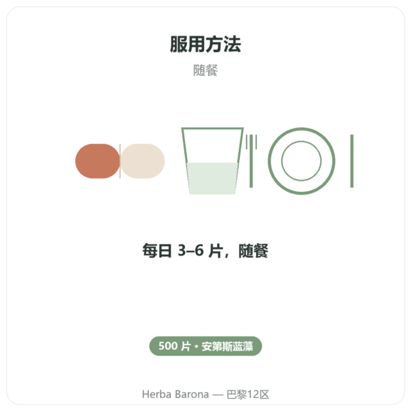 螺旋藻 安第斯蓝藻 500 片 使用方法与建议剂量 Paris Herba Barona