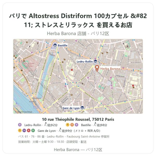 Where to find Altostress Distriform 100カプセル – ストレスとリラックス in Paris - store map Herba Barona Paris 12e