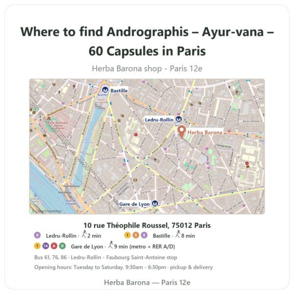 Where to find Andrographis – Ayur-vana – 60 Capsules in Paris - store map Herba Barona Paris 12e