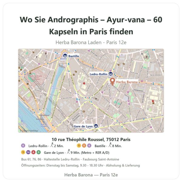 Wo finden Sie Andrographis – Ayur-vana – 60 Kapseln in Paris - Ladenplan Herba Barona Paris 12e