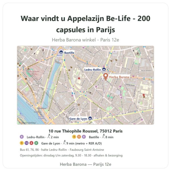 Waar vindt u Appelazijn Be-Life - 200 capsules in Parijs - winkelplattegrond Herba Barona Paris 12e
