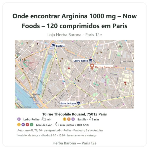 Onde encontrar Arginina 1000 mg – Now Foods – 120 comprimidos em Paris - mapa da loja Herba Barona Paris 12e