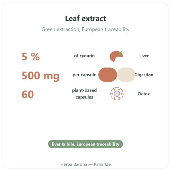 Artichoke Extract 500mg (5% Cynarin) - Dynveo - 60 capsules benefits and key facts Paris Herba Barona