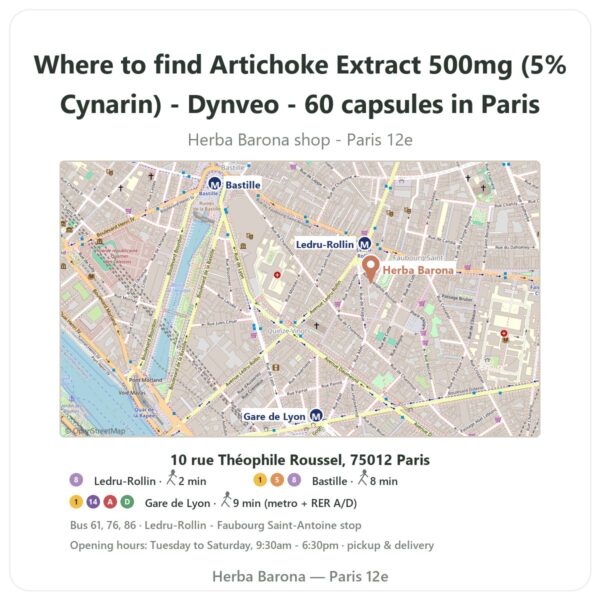 Where to find Artichoke Extract 500mg (5% Cynarin) - Dynveo - 60 capsules in Paris - store map Herba Barona Paris 12e