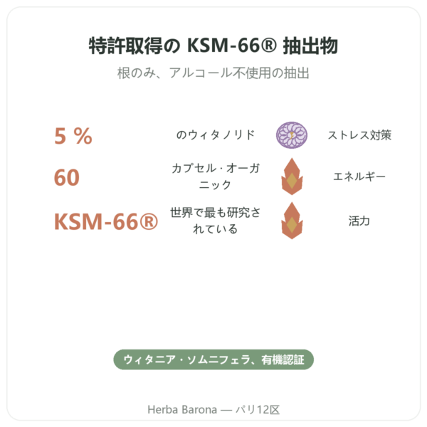 アシュワガンダ オーガニック KSM-66 ウィタノライド5 % Dynveo 60カプセル benefits and key facts Paris Herba Barona