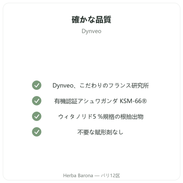 アシュワガンダ オーガニック KSM-66 ウィタノライド5 % Dynveo 60カプセル quality Paris Herba Barona