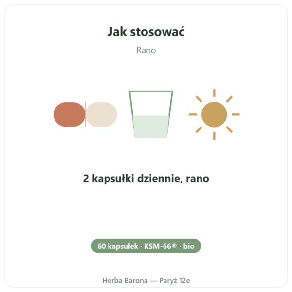 Ashwagandha bio KSM-66 5% witanolidów Dynveo 60 kaps. sposób użycia i dawkowanie Paris Herba Barona