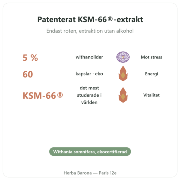 Ekologisk Ashwagandha KSM-66 5 % Withanolider Dynveo 60 kapslar fördelar och nyckelfakta Paris Herba Barona