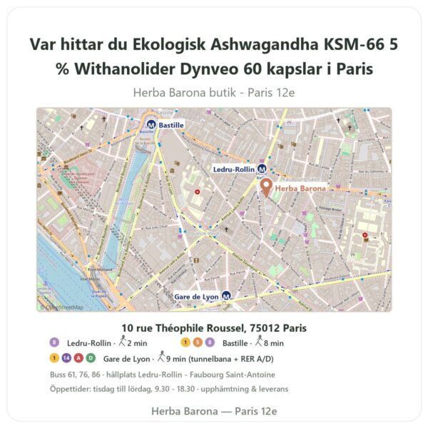Var hittar du Ekologisk Ashwagandha KSM-66 5 % Withanolider Dynveo 60 kapslar i Paris - butikskarta Herba Barona Paris 12e