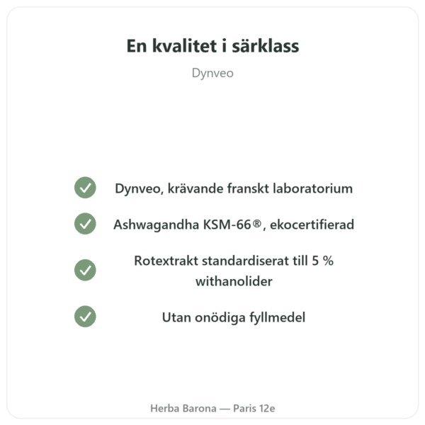 Ekologisk Ashwagandha KSM-66 5 % Withanolider Dynveo 60 kapslar kvalitet Paris Herba Barona