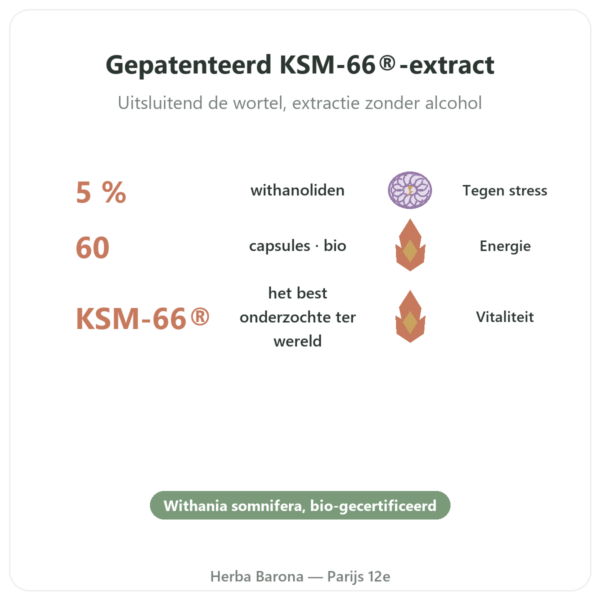 Ashwagandha bio KSM-66 5% Dynveo 60 capsules voordelen en kerngegevens Paris Herba Barona