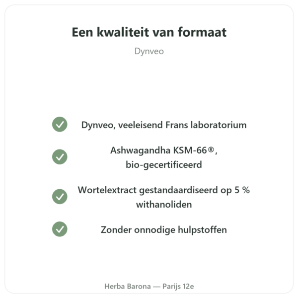 Ashwagandha bio KSM-66 5% Dynveo 60 capsules kwaliteit Paris Herba Barona