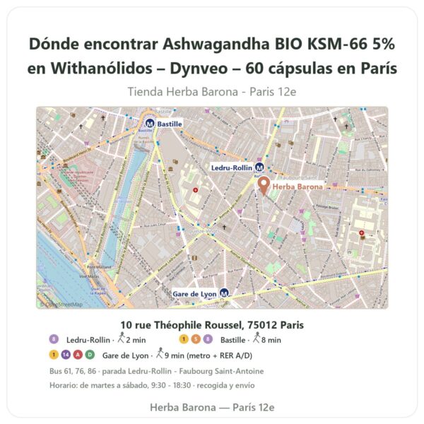 Dónde encontrar Ashwagandha BIO KSM-66 5% en Withanólidos – Dynveo – 60 cápsulas en París - plano de la tienda Herba Barona Paris 12e