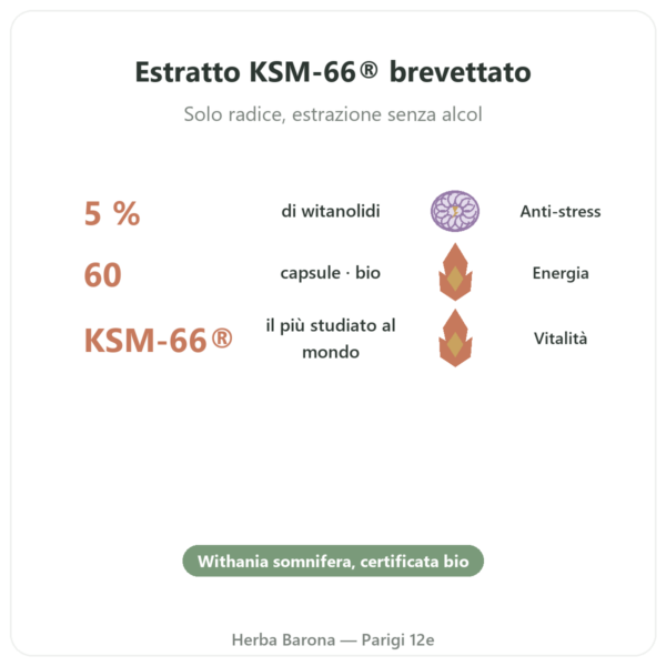 Ashwagandha bio KSM-66 5% in Withanolidi Dynveo – 60 capsule benefici e dati chiave Paris Herba Barona
