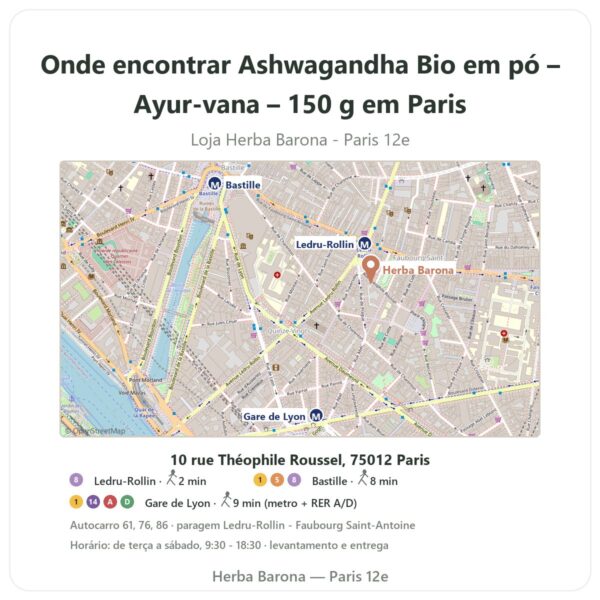 Onde encontrar Ashwagandha Bio em pó – Ayur-vana – 150 g em Paris - mapa da loja Herba Barona Paris 12e