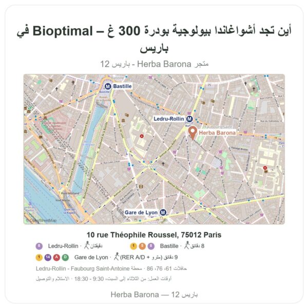 أين تجد أشواغاندا بيولوجية بودرة 300 غ – Bioptimal في باريس - خريطة المتجر Herba Barona Paris 12e