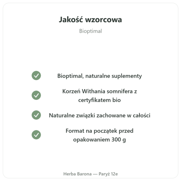 Ashwagandha Bio w Proszku – Bioptimal – 100 g jakość Paris Herba Barona