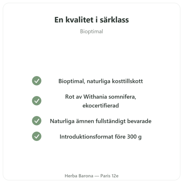 Ashwagandha Bio i Pulverform – Bioptimal – 100 g kvalitet Paris Herba Barona