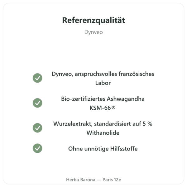 Ashwagandha Bio KSM-66® – 5 % Withanolide – Dynveo – 60 Kapseln Qualität Paris Herba Barona