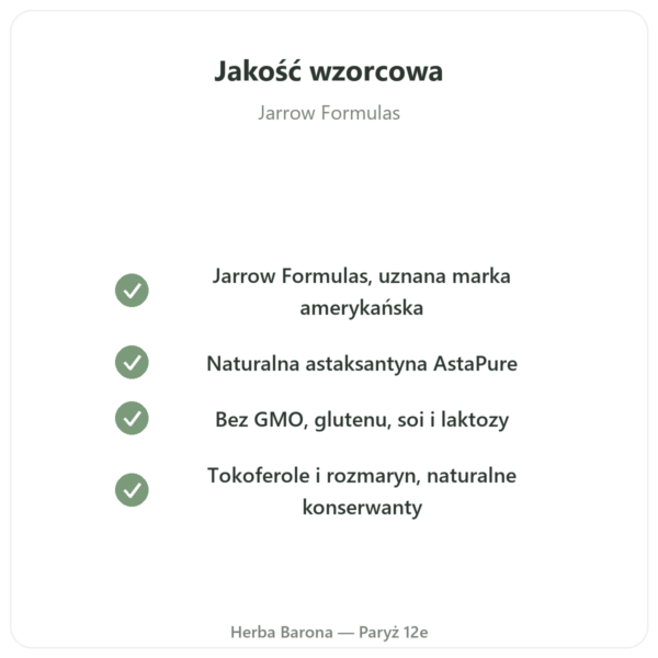 Astaksantyna 12 mg – Jarrow Formulas – 30 Kapsułek Żelowych jakość Paris Herba Barona