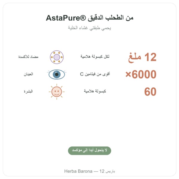 أستازانتين 12 ملغ – Jarrow Formulas – 60 كبسولة جيلاتينية الفوائد والمعطيات الرئيسية Paris Herba Barona