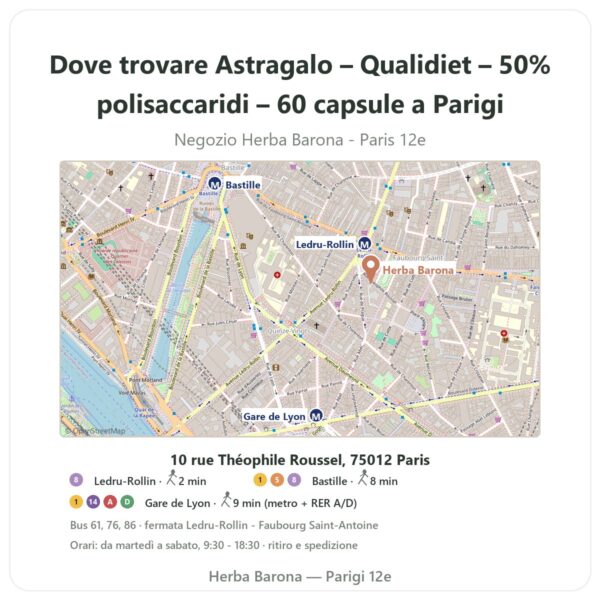 Dove trovare Astragalo – Qualidiet – 50% polisaccaridi – 60 capsule a Parigi - mappa del negozio Herba Barona Paris 12e
