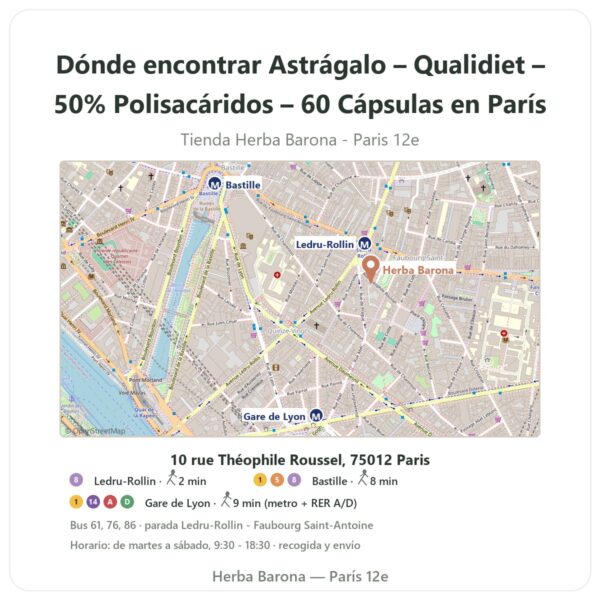 Dónde encontrar Astrágalo – Qualidiet – 50% Polisacáridos – 60 Cápsulas en París - plano de la tienda Herba Barona Paris 12e
