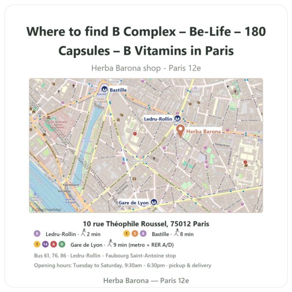 Where to find B Complex – Be-Life – 180 Capsules – B Vitamins in Paris - store map Herba Barona Paris 12e