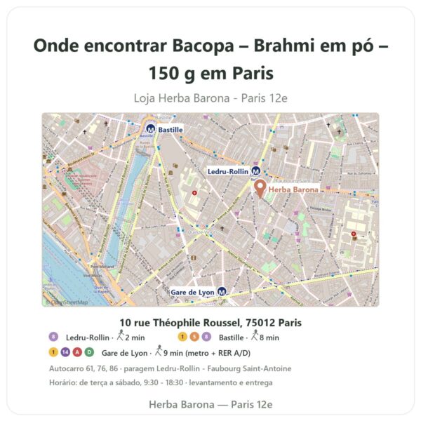 Onde encontrar Bacopa – Brahmi em pó – 150 g em Paris - mapa da loja Herba Barona Paris 12e