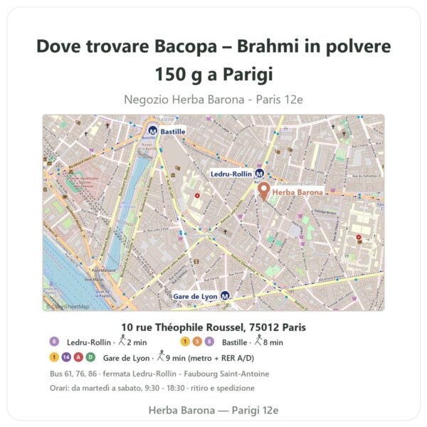 Dove trovare Bacopa – Brahmi in polvere 150 g a Parigi - mappa del negozio Herba Barona Paris 12e