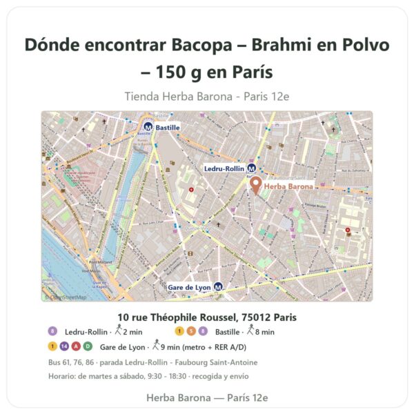 Dónde encontrar Bacopa – Brahmi en Polvo – 150 g en París - plano de la tienda Herba Barona Paris 12e