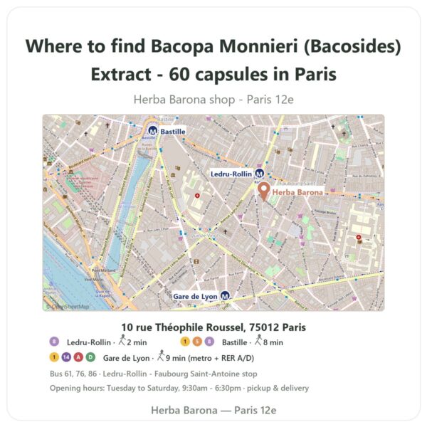 Where to find Bacopa Monnieri (Bacosides) Extract - 60 capsules in Paris - store map Herba Barona Paris 12e