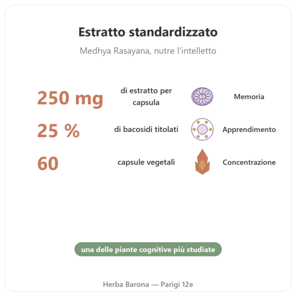 Bacopa Monnieri (bacosidi) Estratto – Flacone da 60 capsule benefici e dati chiave Paris Herba Barona