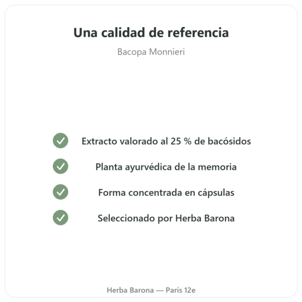 Bacopa Monnieri (Bacósidos) Extracto – Frasco de 60 Cápsulas calidad Paris Herba Barona