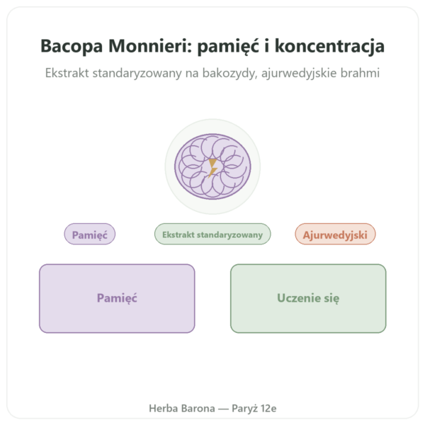 Bacopa Monnieri (bakozydy) Ekstrakt – Flakon 60 kapsułek prezentacja Paris Herba Barona